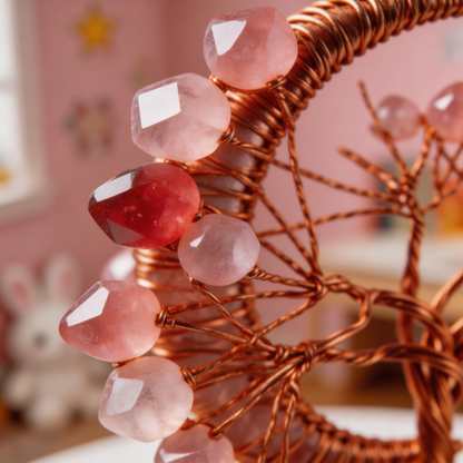 💖 “Handcrafted Moonlight Rose Quartz Tree” – 27 Hours Artisan Craft | Pink Crystal Chips × Hollow Metal Crescent Moon × Copper Wire × Red Terracotta Base 🌙✨