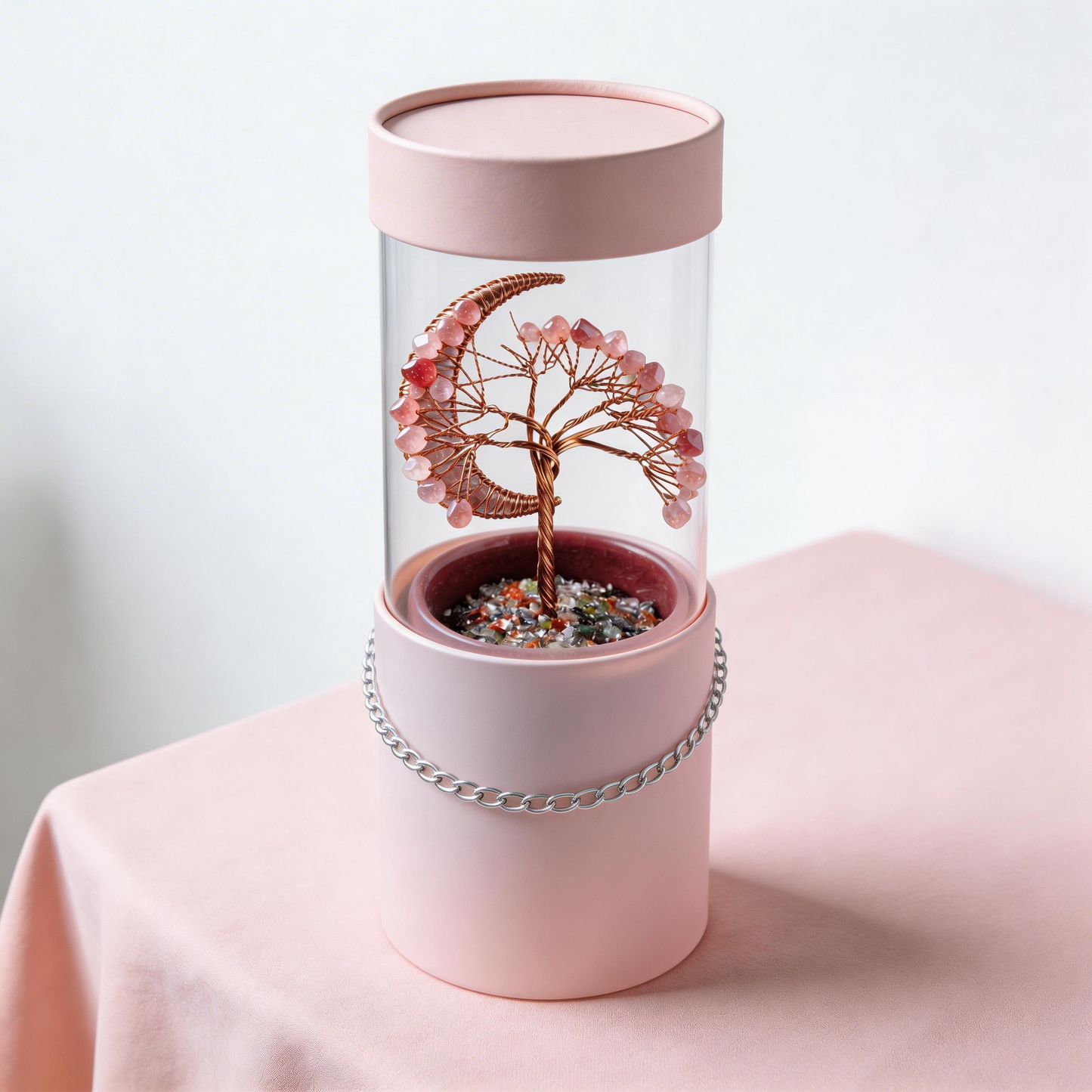 💖 “Handcrafted Moonlight Rose Quartz Tree” – 27 Hours Artisan Craft | Pink Crystal Chips × Hollow Metal Crescent Moon × Copper Wire × Red Terracotta Base 🌙✨