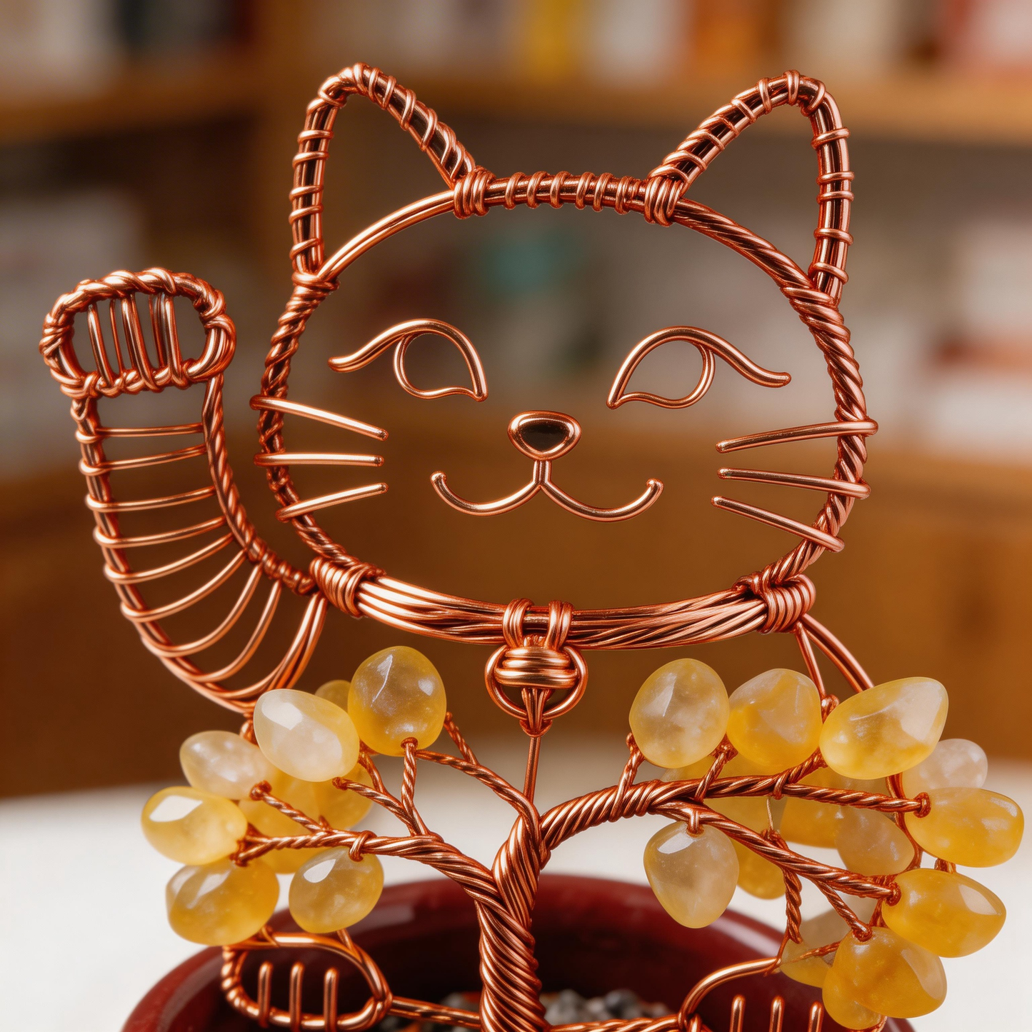 💛 “Handcrafted Lucky Cat Crystal Tree” – 27 Hours Artisan Craft | Yellow Crystals × Red Copper Wire × Red Terracotta Base 🐱✨