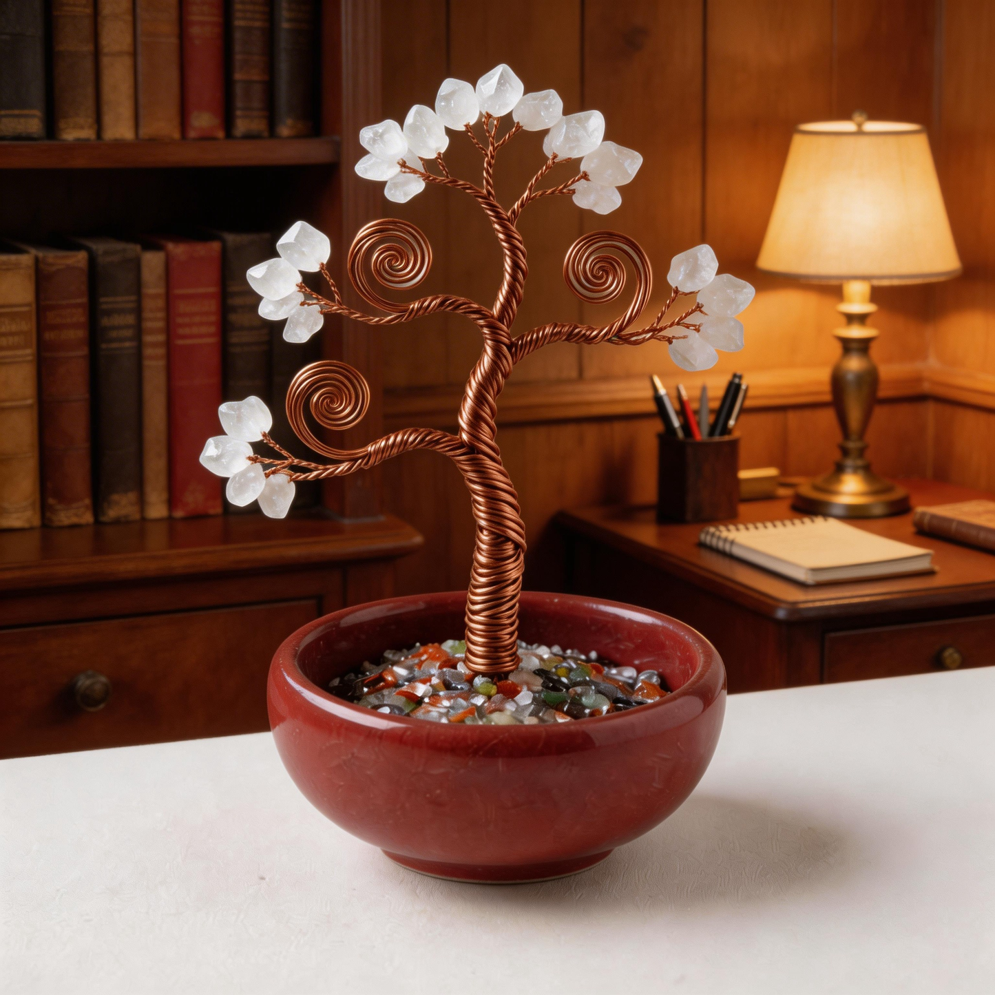 💫 “Handcrafted Mini Universe Fortune Tree” – 27 Hours of Artisan Craft | White & Pink Crystal Leaves × Copper Wire × Red Terracotta Base ✨