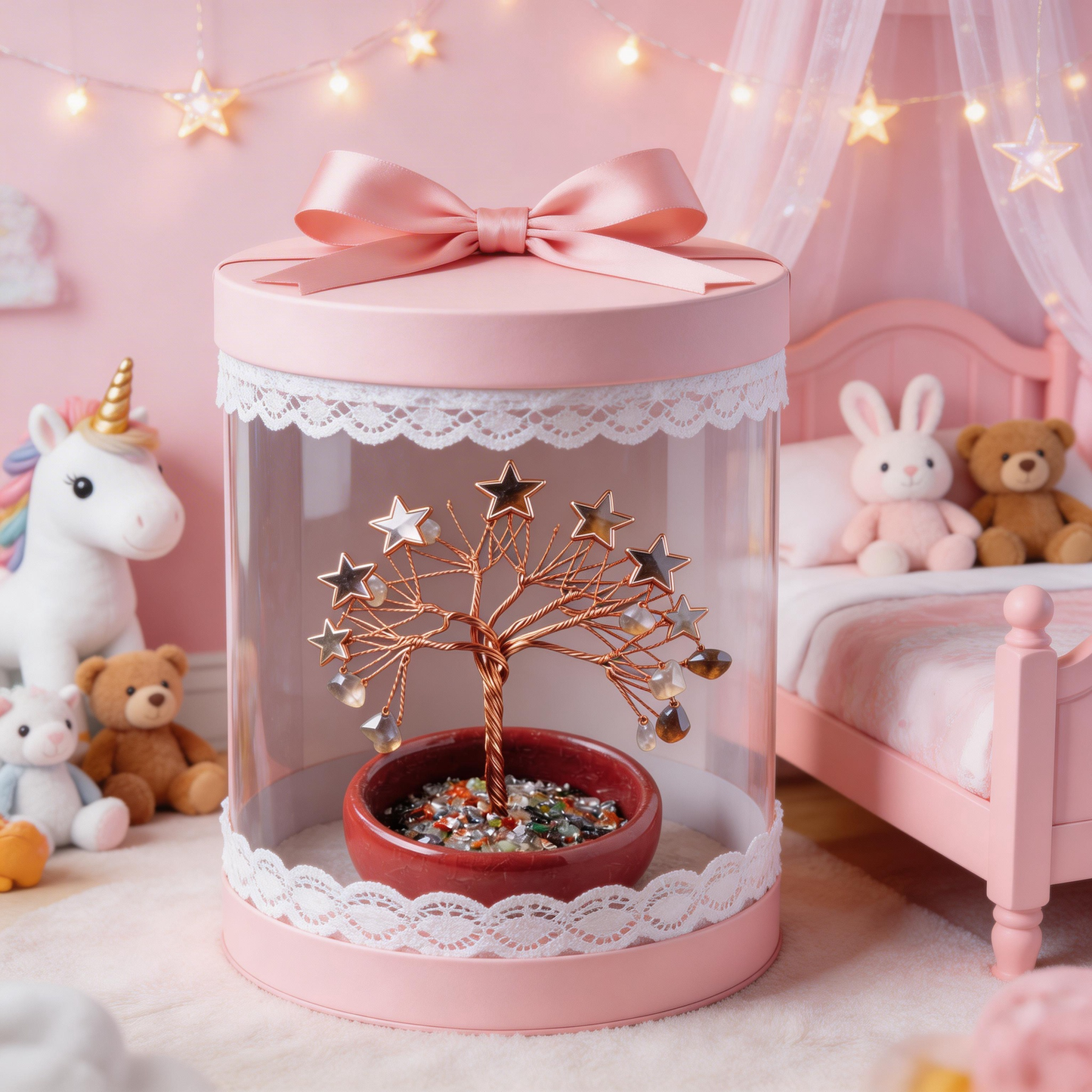 💫 “Handcrafted Starburst Rainbow Crystal Tree” – 27 Hours Artisan Craft | Colorful Natural Crystals × Hollow Metal Stars × Copper Wire × Red Terracotta Base ✨