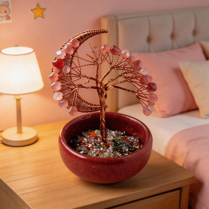 💖 “Handcrafted Moonlight Rose Quartz Tree” – 27 Hours Artisan Craft | Pink Crystal Chips × Hollow Metal Crescent Moon × Copper Wire × Red Terracotta Base 🌙✨