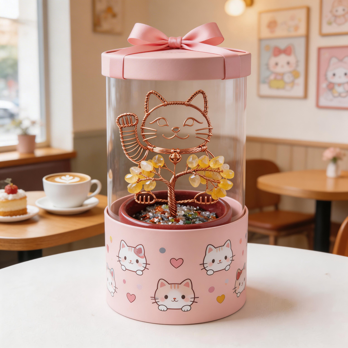 💛 “Handcrafted Lucky Cat Crystal Tree” – 27 Hours Artisan Craft | Yellow Crystals × Red Copper Wire × Red Terracotta Base 🐱✨