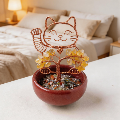 💛 “Handcrafted Lucky Cat Crystal Tree” – 27 Hours Artisan Craft | Yellow Crystals × Red Copper Wire × Red Terracotta Base 🐱✨