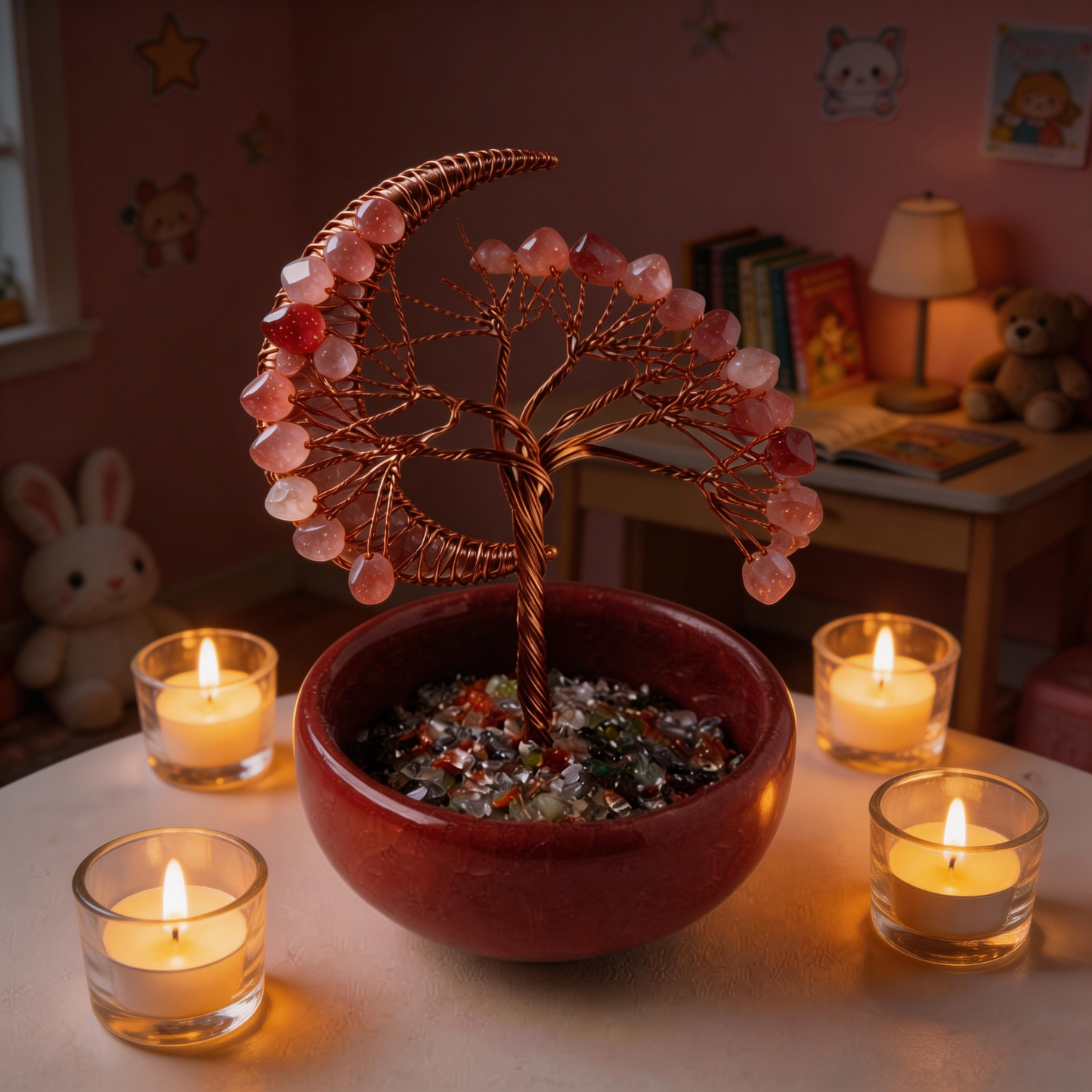 💖 “Handcrafted Moonlight Rose Quartz Tree” – 27 Hours Artisan Craft | Pink Crystal Chips × Hollow Metal Crescent Moon × Copper Wire × Red Terracotta Base 🌙✨
