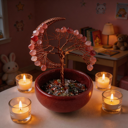 💖 “Handcrafted Moonlight Rose Quartz Tree” – 27 Hours Artisan Craft | Pink Crystal Chips × Hollow Metal Crescent Moon × Copper Wire × Red Terracotta Base 🌙✨