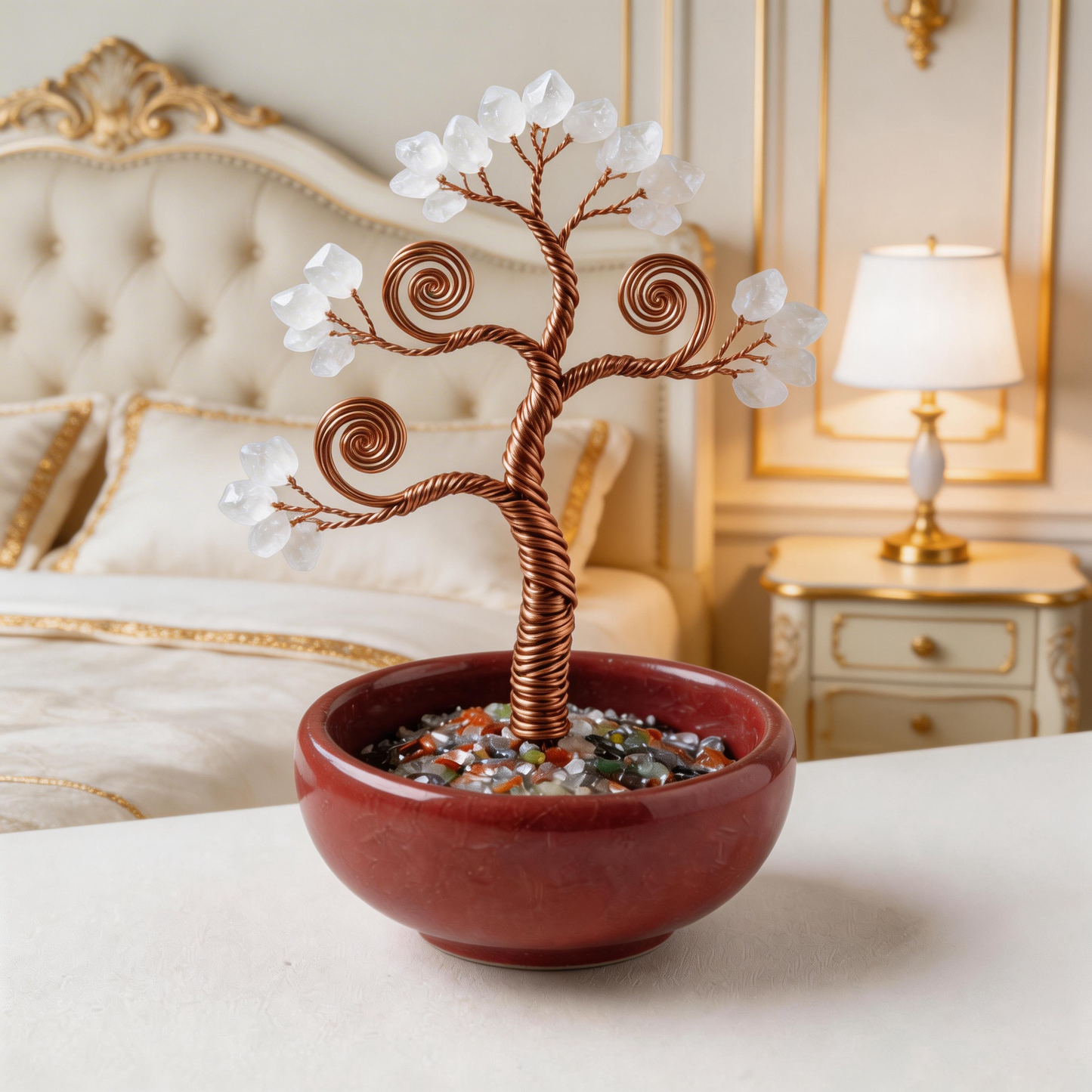 💫 “Handcrafted Mini Universe Fortune Tree” – 27 Hours of Artisan Craft | White & Pink Crystal Leaves × Copper Wire × Red Terracotta Base ✨