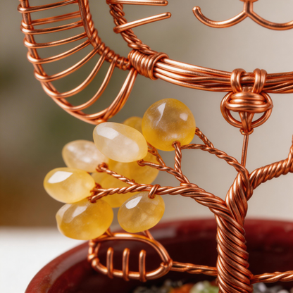 💛 “Handcrafted Lucky Cat Crystal Tree” – 27 Hours Artisan Craft | Yellow Crystals × Red Copper Wire × Red Terracotta Base 🐱✨