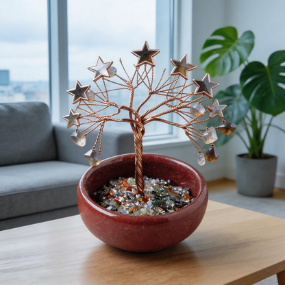 💫 “Handcrafted Starburst Rainbow Crystal Tree” – 27 Hours Artisan Craft | Colorful Natural Crystals × Hollow Metal Stars × Copper Wire × Red Terracotta Base ✨