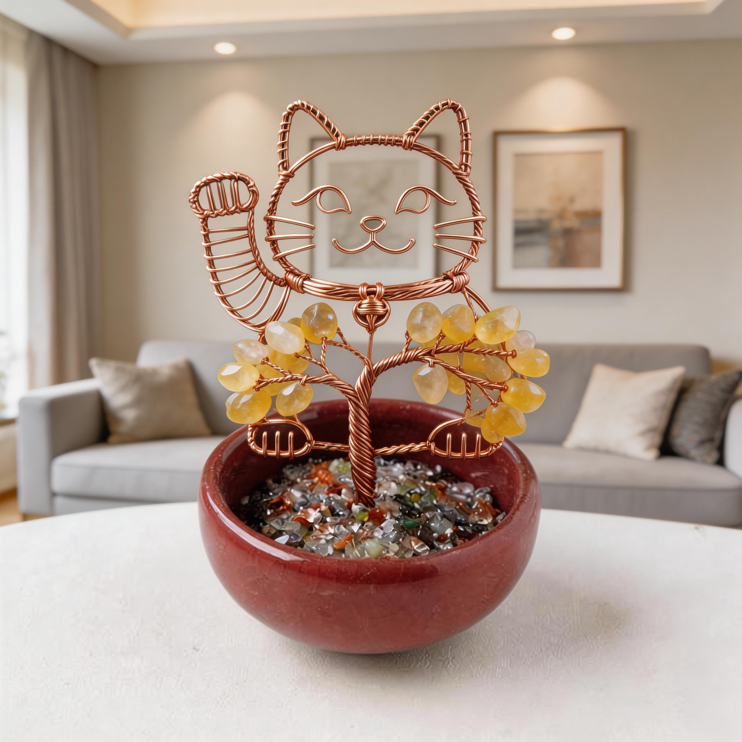 💛 “Handcrafted Lucky Cat Crystal Tree” – 27 Hours Artisan Craft | Yellow Crystals × Red Copper Wire × Red Terracotta Base 🐱✨