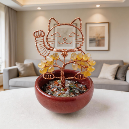 💛 “Handcrafted Lucky Cat Crystal Tree” – 27 Hours Artisan Craft | Yellow Crystals × Red Copper Wire × Red Terracotta Base 🐱✨