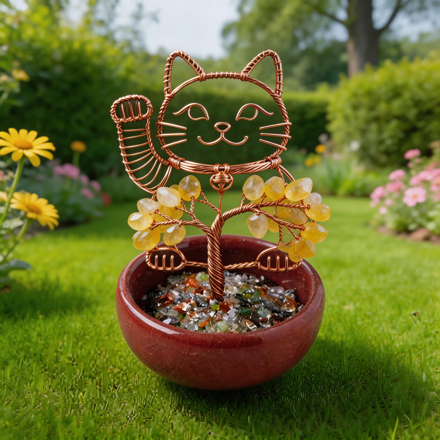 💛 “Handcrafted Lucky Cat Crystal Tree” – 27 Hours Artisan Craft | Yellow Crystals × Red Copper Wire × Red Terracotta Base 🐱✨