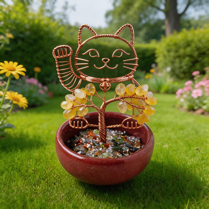 💛 “Handcrafted Lucky Cat Crystal Tree” – 27 Hours Artisan Craft | Yellow Crystals × Red Copper Wire × Red Terracotta Base 🐱✨
