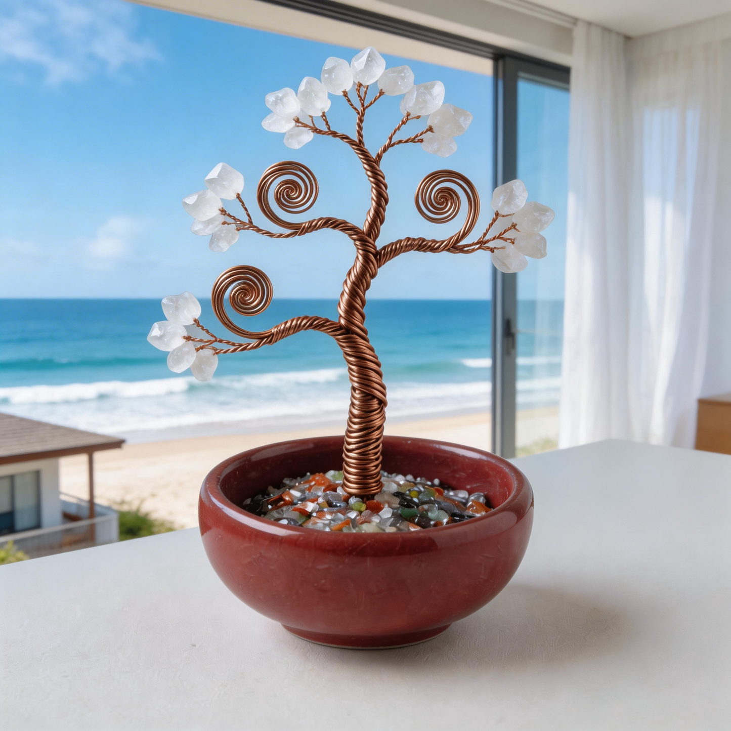 💫 “Handcrafted Mini Universe Fortune Tree” – 27 Hours of Artisan Craft | White & Pink Crystal Leaves × Copper Wire × Red Terracotta Base ✨