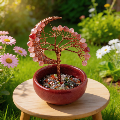 💖 “Handcrafted Moonlight Rose Quartz Tree” – 27 Hours Artisan Craft | Pink Crystal Chips × Hollow Metal Crescent Moon × Copper Wire × Red Terracotta Base 🌙✨