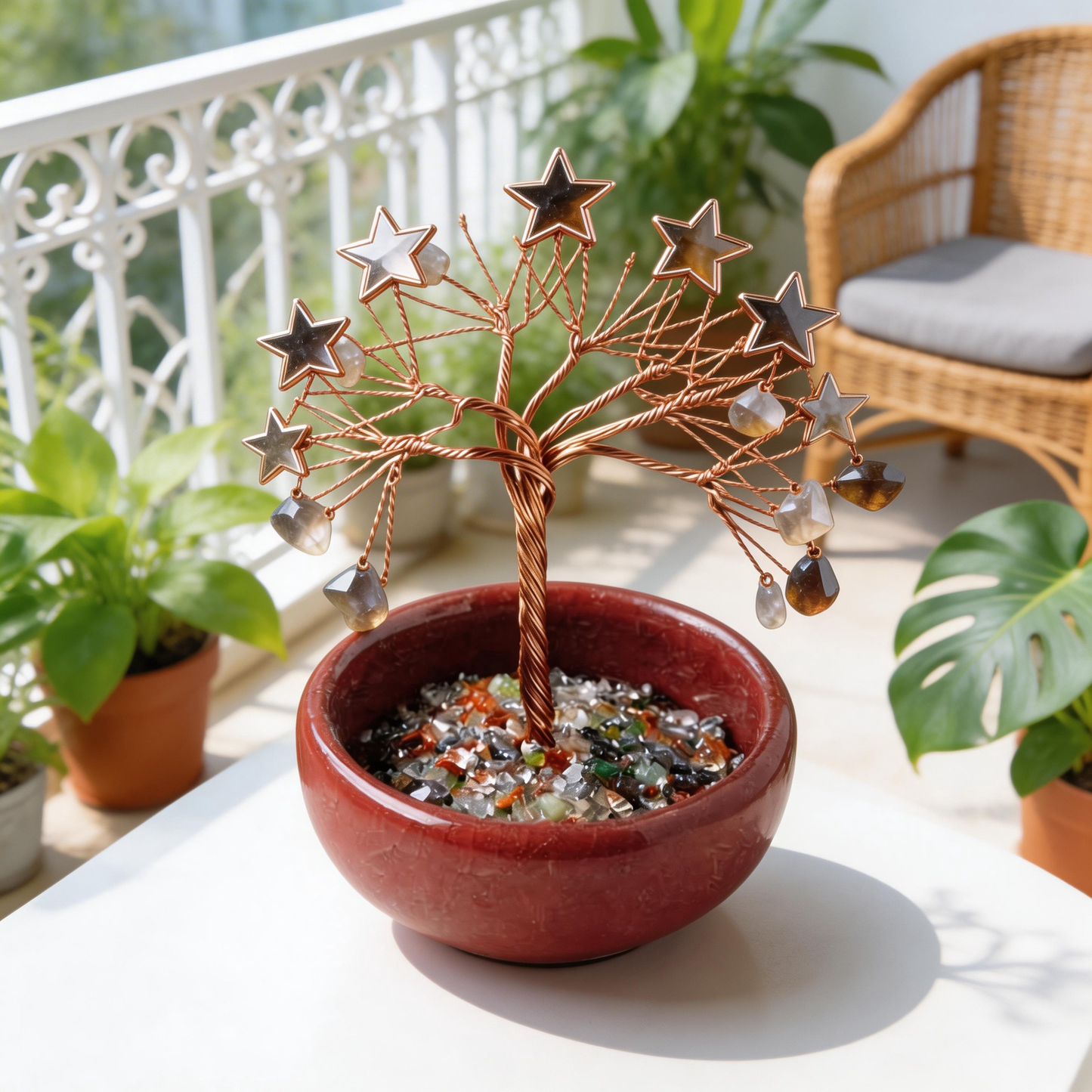 💫 “Handcrafted Starburst Rainbow Crystal Tree” – 27 Hours Artisan Craft | Colorful Natural Crystals × Hollow Metal Stars × Copper Wire × Red Terracotta Base ✨