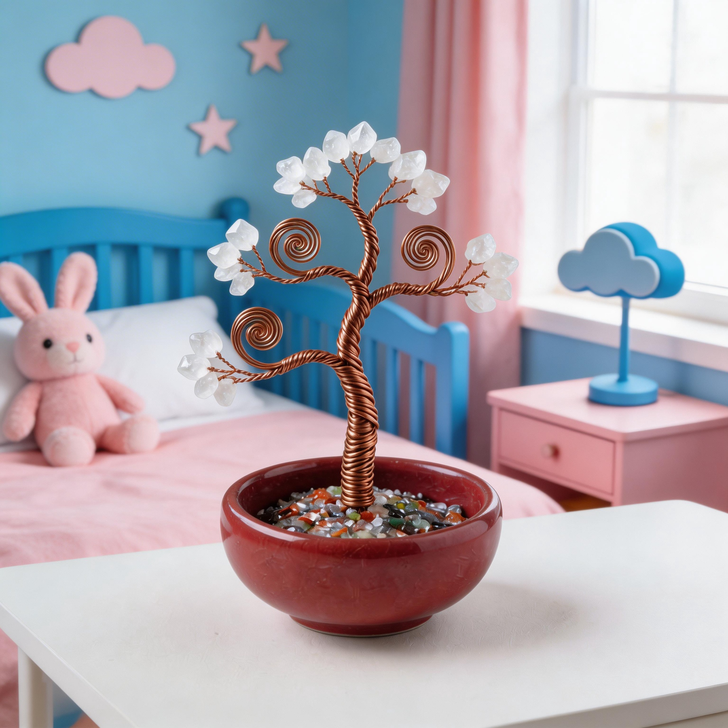 💫 “Handcrafted Mini Universe Fortune Tree” – 27 Hours of Artisan Craft | White & Pink Crystal Leaves × Copper Wire × Red Terracotta Base ✨