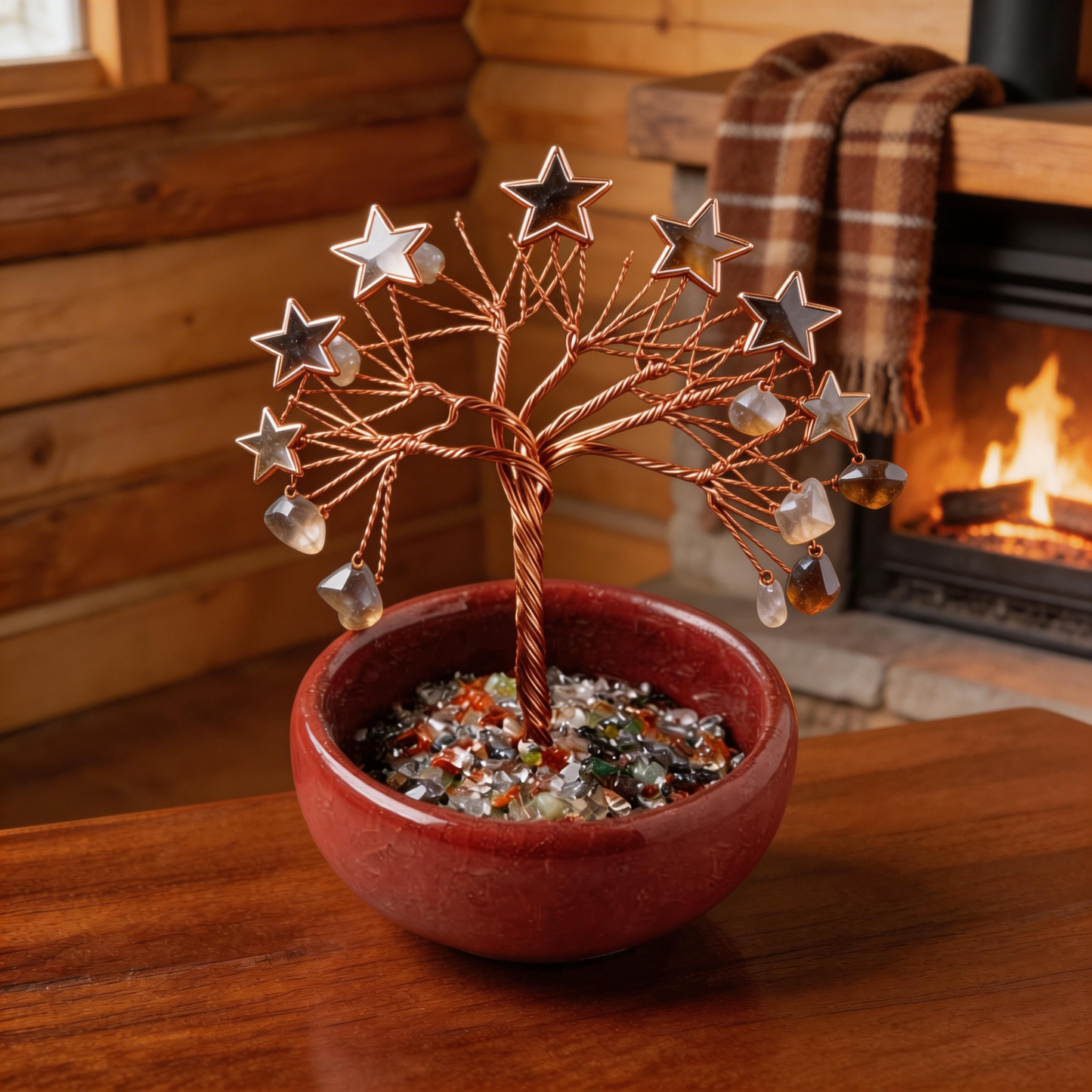 💫 “Handcrafted Starburst Rainbow Crystal Tree” – 27 Hours Artisan Craft | Colorful Natural Crystals × Hollow Metal Stars × Copper Wire × Red Terracotta Base ✨