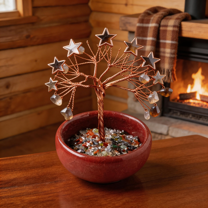 💫 “Handcrafted Starburst Rainbow Crystal Tree” – 27 Hours Artisan Craft | Colorful Natural Crystals × Hollow Metal Stars × Copper Wire × Red Terracotta Base ✨