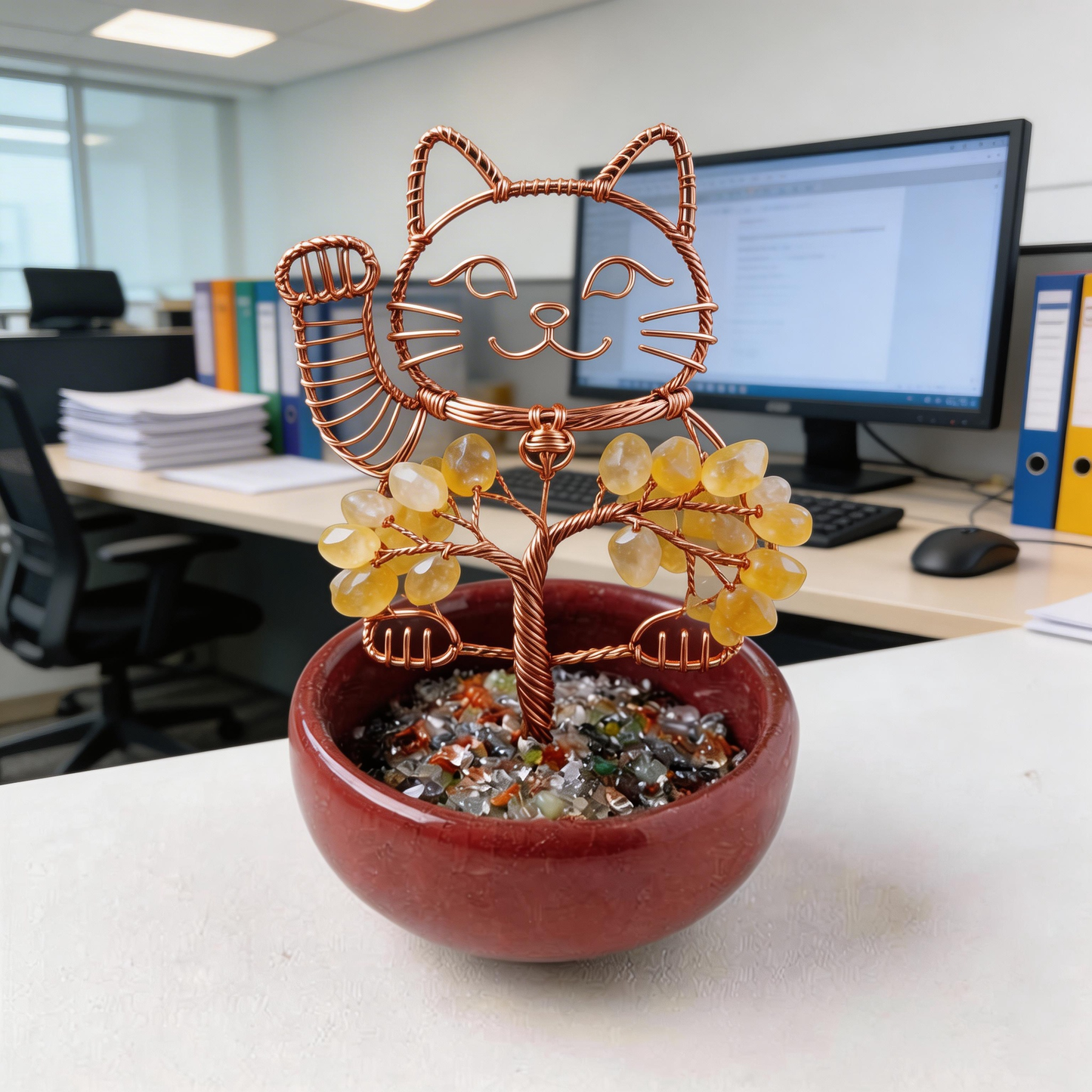 💛 “Handcrafted Lucky Cat Crystal Tree” – 27 Hours Artisan Craft | Yellow Crystals × Red Copper Wire × Red Terracotta Base 🐱✨