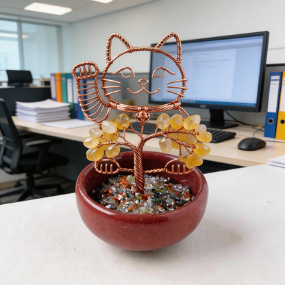 💛 “Handcrafted Lucky Cat Crystal Tree” – 27 Hours Artisan Craft | Yellow Crystals × Red Copper Wire × Red Terracotta Base 🐱✨