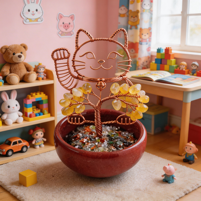 💛 “Handcrafted Lucky Cat Crystal Tree” – 27 Hours Artisan Craft | Yellow Crystals × Red Copper Wire × Red Terracotta Base 🐱✨