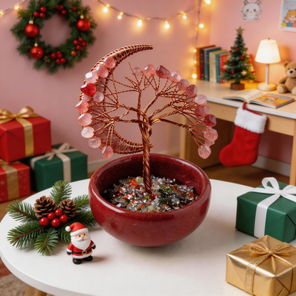 💖 “Handcrafted Moonlight Rose Quartz Tree” – 27 Hours Artisan Craft | Pink Crystal Chips × Hollow Metal Crescent Moon × Copper Wire × Red Terracotta Base 🌙✨