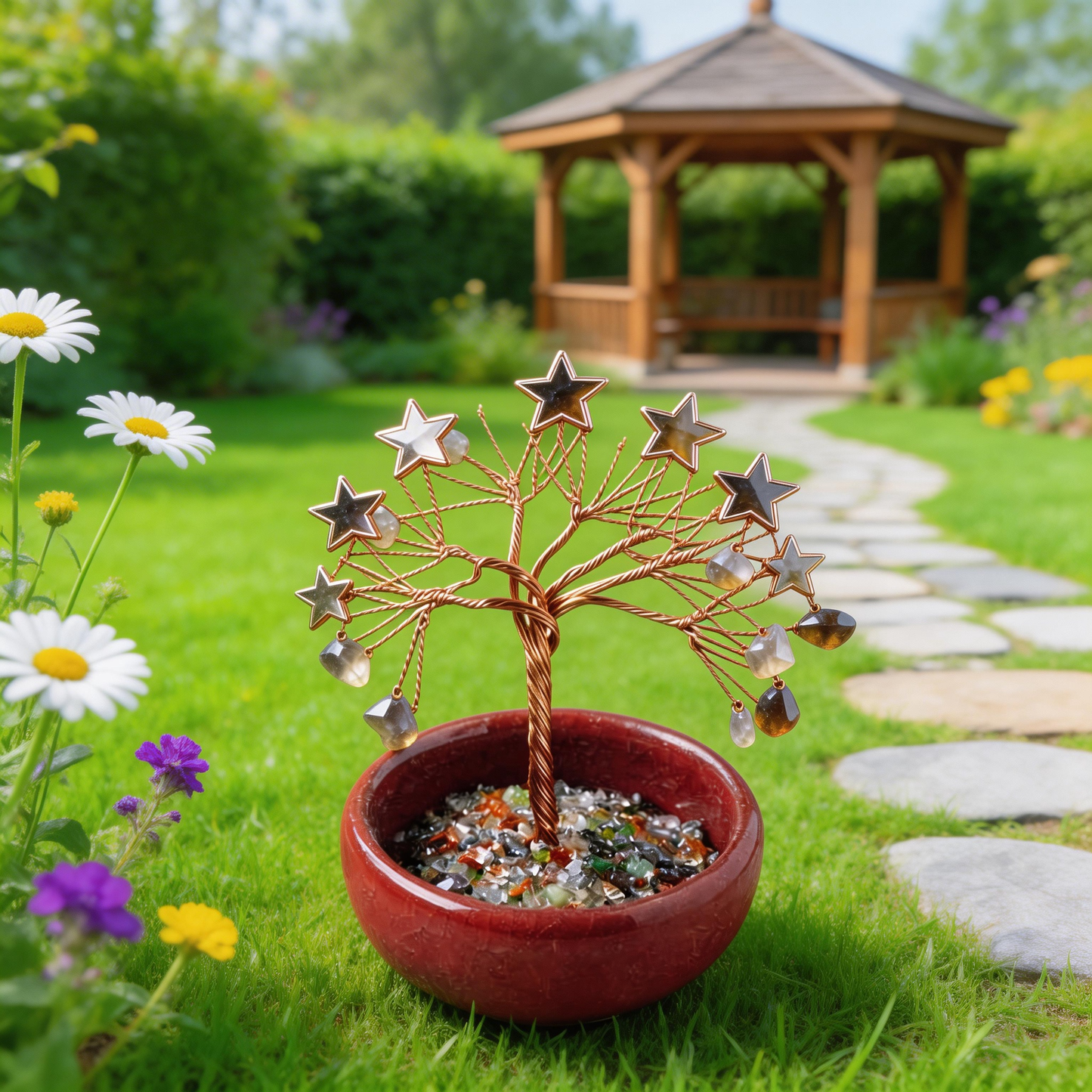 💫 “Handcrafted Starburst Rainbow Crystal Tree” – 27 Hours Artisan Craft | Colorful Natural Crystals × Hollow Metal Stars × Copper Wire × Red Terracotta Base ✨