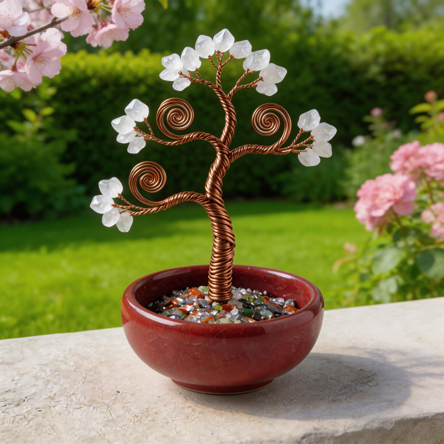 💫 “Handcrafted Mini Universe Fortune Tree” – 27 Hours of Artisan Craft | White & Pink Crystal Leaves × Copper Wire × Red Terracotta Base ✨