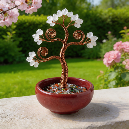 💫 “Handcrafted Mini Universe Fortune Tree” – 27 Hours of Artisan Craft | White & Pink Crystal Leaves × Copper Wire × Red Terracotta Base ✨
