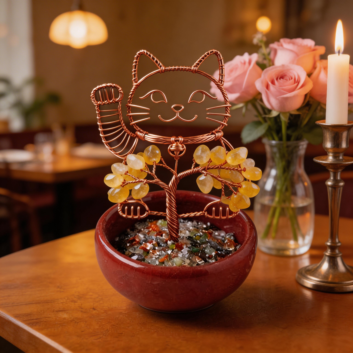💛 “Handcrafted Lucky Cat Crystal Tree” – 27 Hours Artisan Craft | Yellow Crystals × Red Copper Wire × Red Terracotta Base 🐱✨