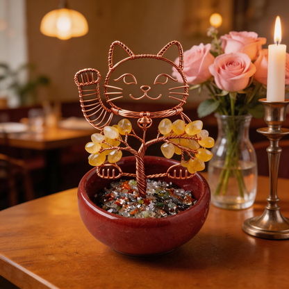 💛 “Handcrafted Lucky Cat Crystal Tree” – 27 Hours Artisan Craft | Yellow Crystals × Red Copper Wire × Red Terracotta Base 🐱✨
