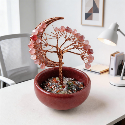 💖 “Handcrafted Moonlight Rose Quartz Tree” – 27 Hours Artisan Craft | Pink Crystal Chips × Hollow Metal Crescent Moon × Copper Wire × Red Terracotta Base 🌙✨