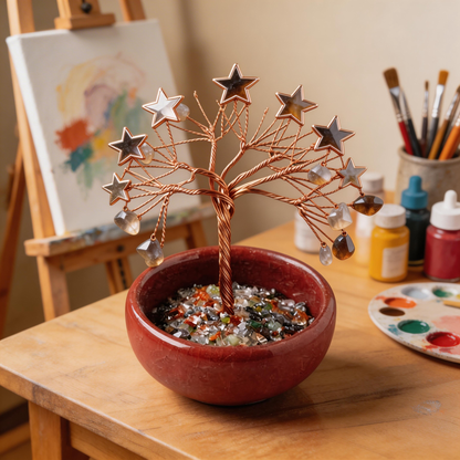 💫 “Handcrafted Starburst Rainbow Crystal Tree” – 27 Hours Artisan Craft | Colorful Natural Crystals × Hollow Metal Stars × Copper Wire × Red Terracotta Base ✨